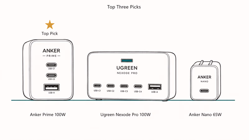 Three side-by-side hand-drawn GaN chargers showing Anker Prime, Ugreen Nexode Pro, and Anker Nano picks