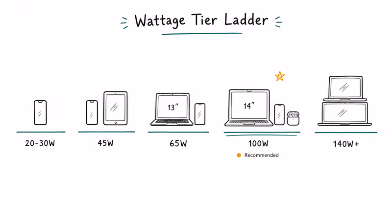 Tier ladder mapping phone, laptop, and multi-device kits to recommended GaN charger wattage levels