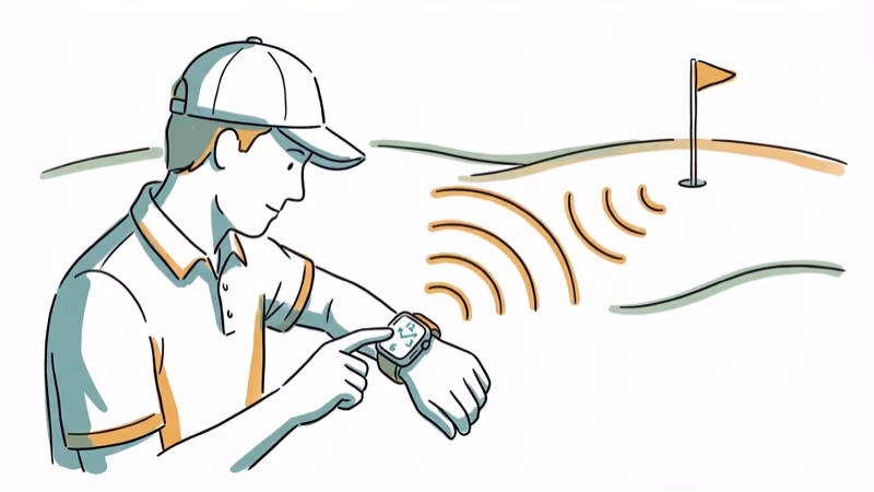 Golfer on course checking smartwatch yardage data with flag in the distance