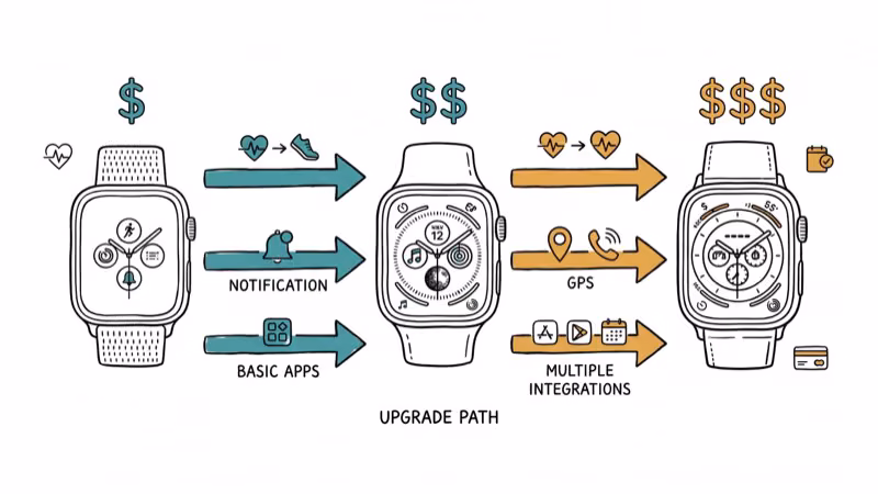Three smartwatches at different price tiers with dollar signs and feature arrows