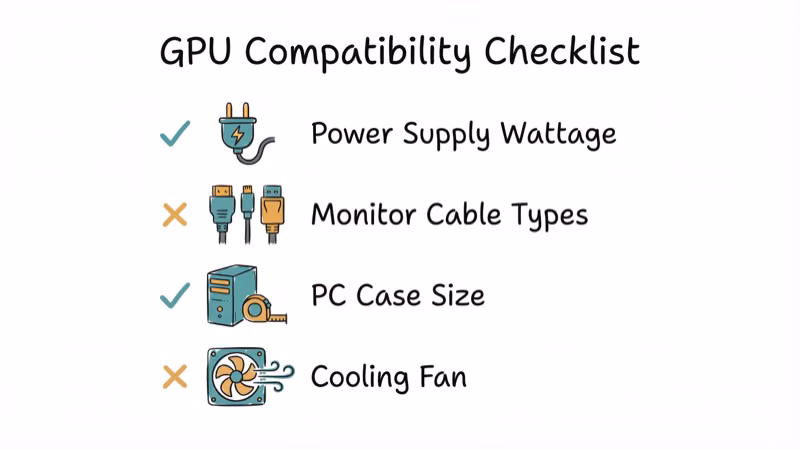 Checklist with power supply wattage monitor cable PC case and cooling icons