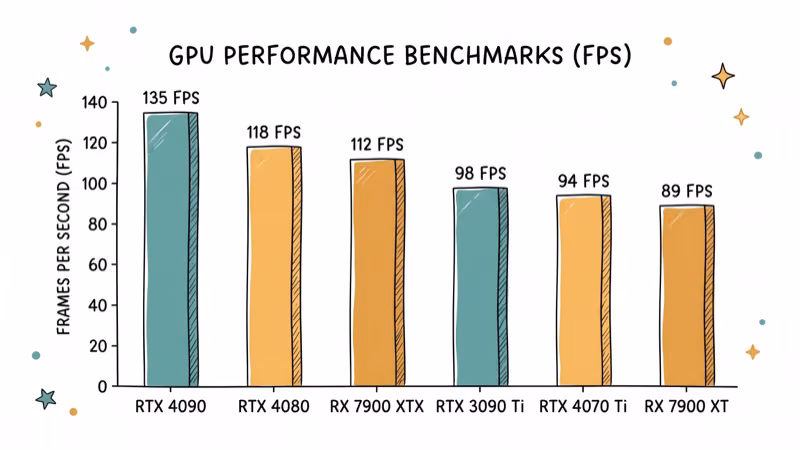 Bar chart showing GPU performance benchmarks with FPS numbers above colored bars