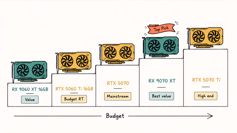 Five recommended 1440p graphics cards arranged in budget tiers from value to high end