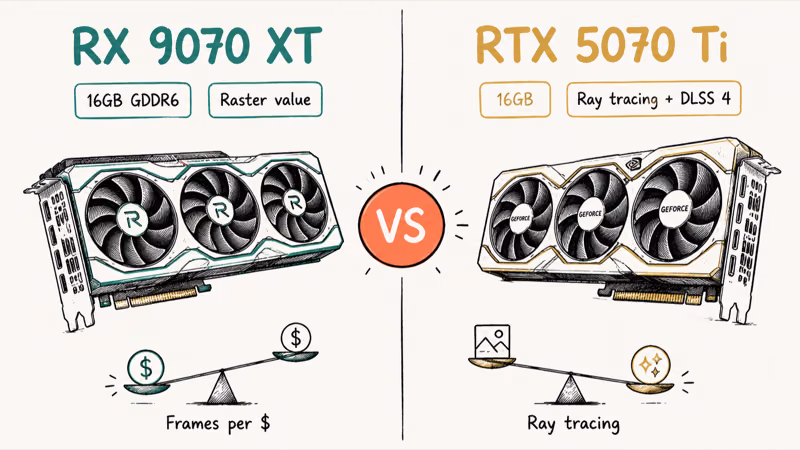 RX 9070 XT and RTX 5070 Ti graphics cards compared side by side for 1440p