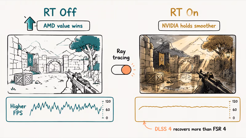 Ray tracing on versus off showing frame rate impact on AMD and NVIDIA cards