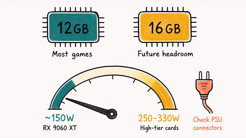 VRAM capacity and power draw compared across five 1440p graphics card tiers