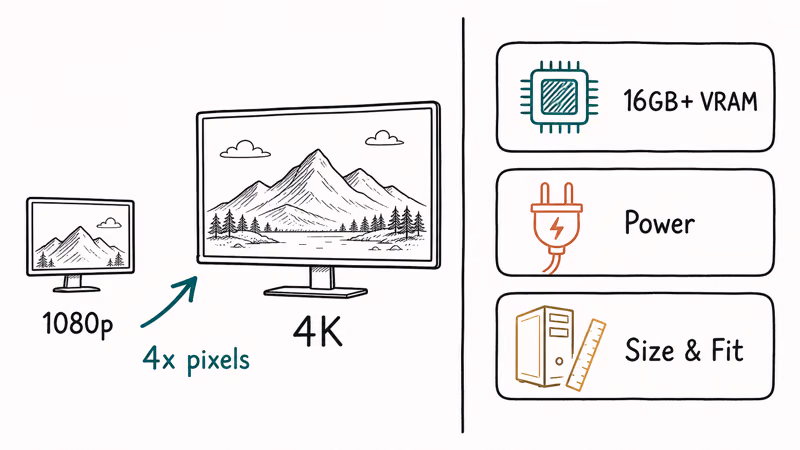 Diagram comparing 1080p and 4K pixel counts beside VRAM, power, and case fit factors