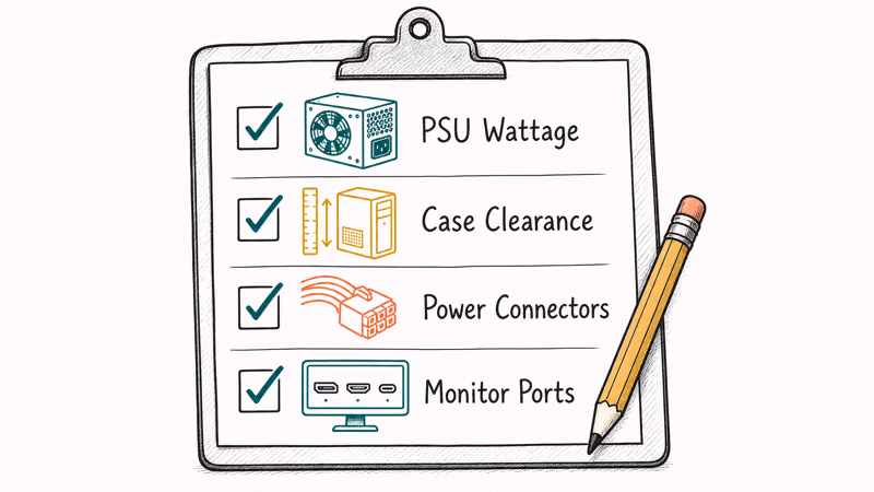 Clipboard checklist covering PSU wattage, case clearance, power connectors, and monitor ports