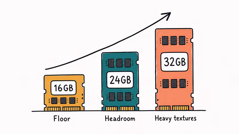 Ascending tier ladder showing 16GB floor, 24GB headroom, and 32GB VRAM for 4K