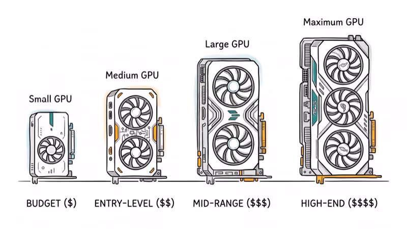 Four graphics cards arranged by size from small to large with budget labels