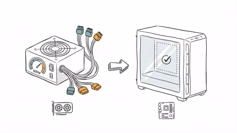 Power supply unit with wattage meter and cable connectors beside PC case outline