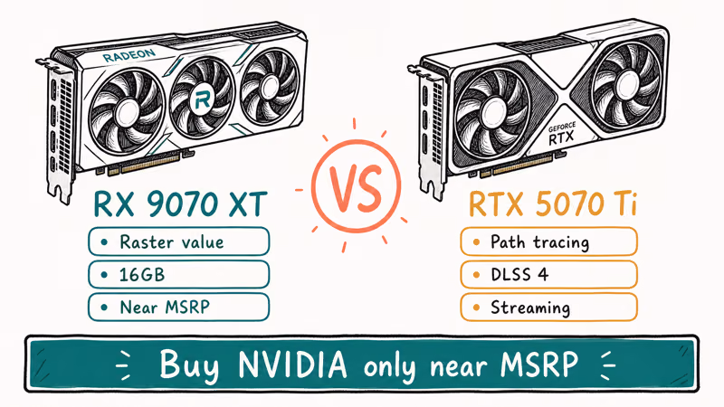 Side-by-side sketch comparing RX 9070 XT raster value against RTX 5070 Ti ray tracing features