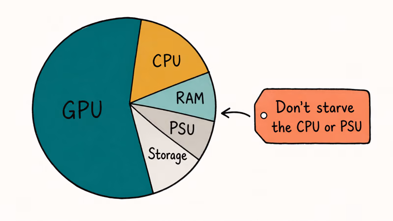 Hand-drawn budget wheel showing GPU taking the largest slice with CPU, RAM, PSU, storage smaller