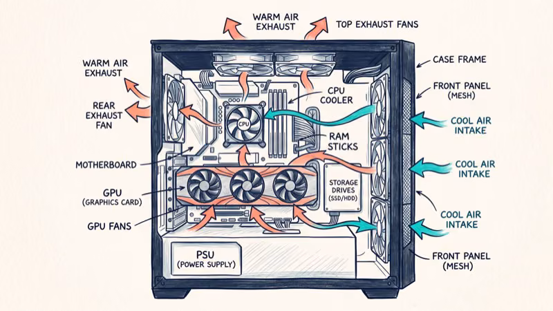 PC case airflow diagram showing optimal GPU cooling with intake and exhaust fans