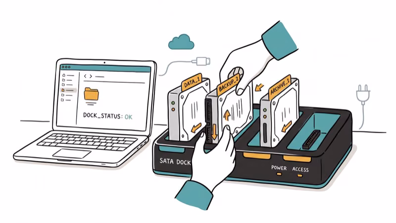 Hard drive docking station with multiple SATA drives showing hot-swap setup
