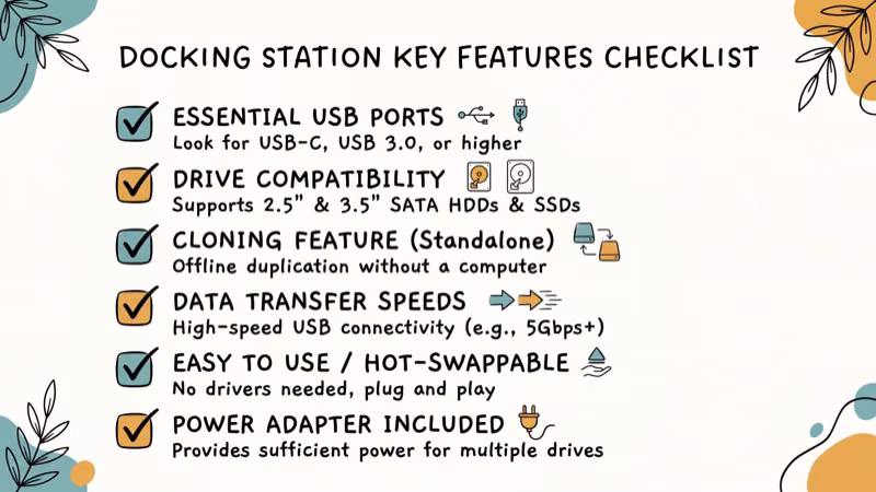 Docking station feature checklist showing USB ports drive compatibility and cloning