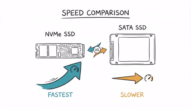 NVMe and SATA SSD side by side with speed comparison arrows