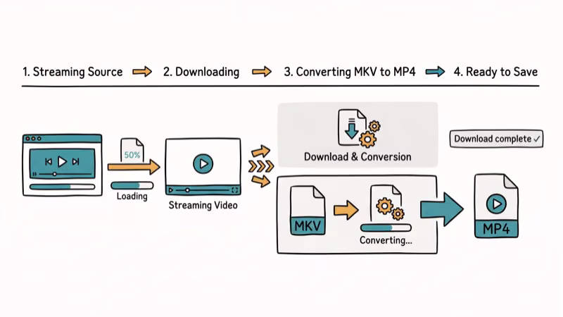 Video file being downloaded and converted showing MKV format conversion process