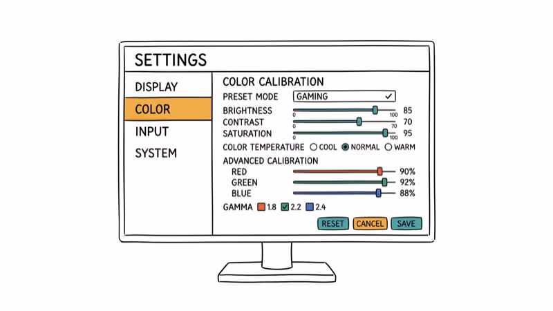 Gaming monitor settings menu showing color calibration and display options