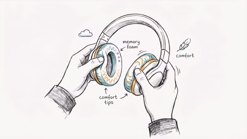 Hands adjusting headphone ear cushions with memory foam padding for comfort