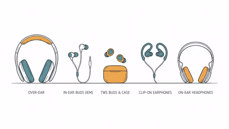 Different headphone types lined up including over-ear in-ear and clip-on