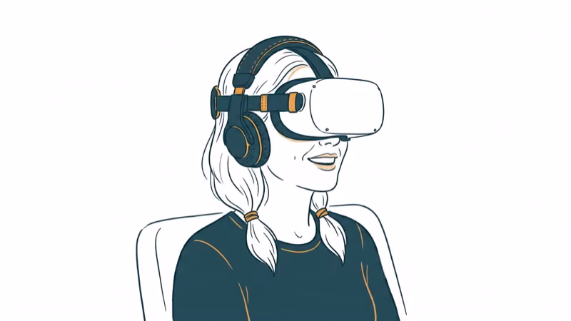 VR headset with audio strap accessory showing comfortable wearing position