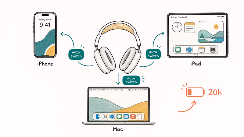 AirPods Max switching between iPhone, iPad, and Mac with a twenty-hour battery trade-off note