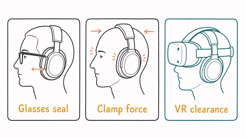Headphone fit factors: glasses seal gaps, clamp force on large heads, and VR strap clearance