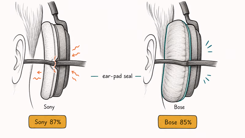 Cross-section comparison of Sony and Bose ear pads sealing around glasses with noise reduction percentages