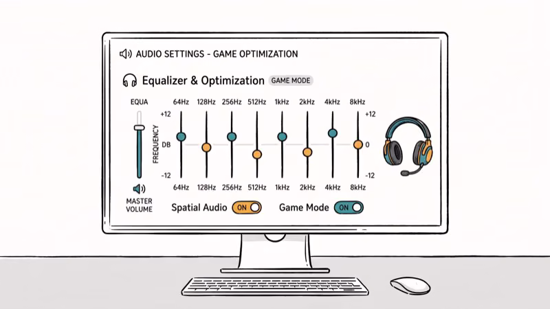 Computer screen showing audio settings panel with equalizer for game optimization