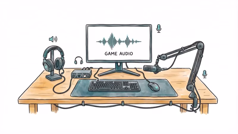 Gaming desk setup with headset on stand monitor keyboard and mouse