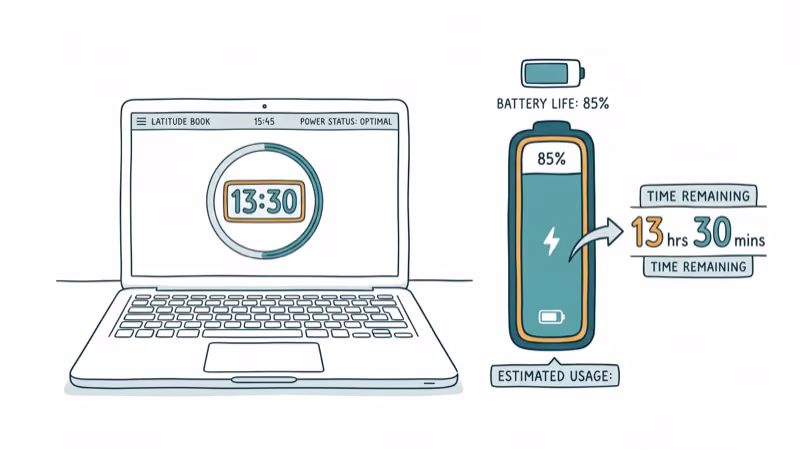 Laptop battery life meter showing hours of use with clock indicator