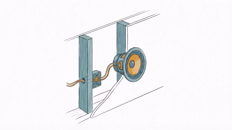 Cross-section diagram of wall showing speaker installation with studs and wiring