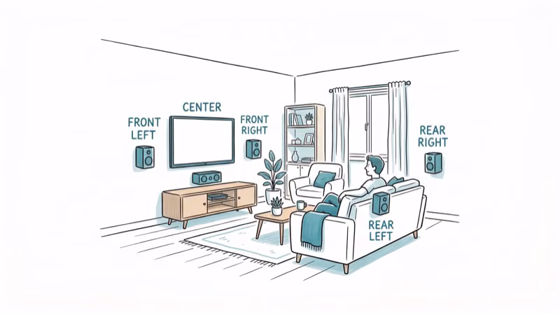 Living room floor plan with in-wall speaker placement positions for surround sound