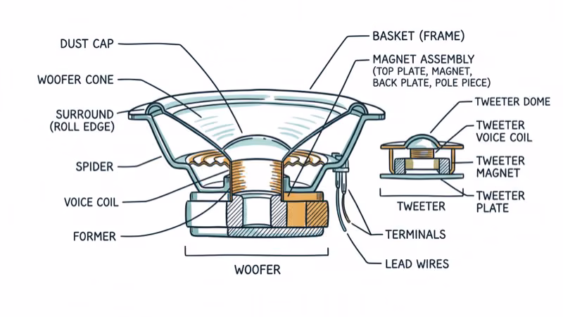 Speaker driver showing woofer tweeter and crossover component parts