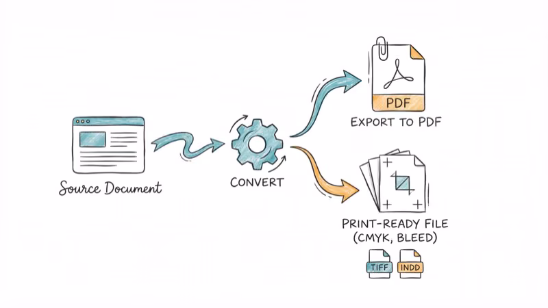 Export workflow showing document converting to PDF and print-ready formats