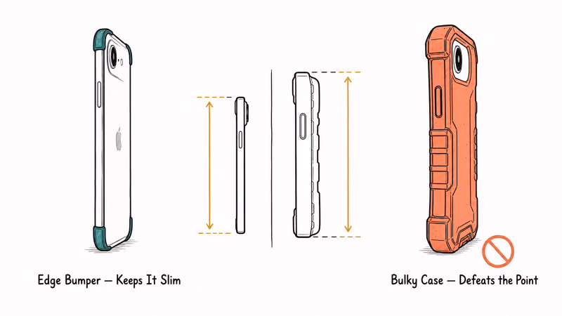 Sketch contrasting a slim edge bumper and a bulky rejected case on the ultra-thin iPhone Air