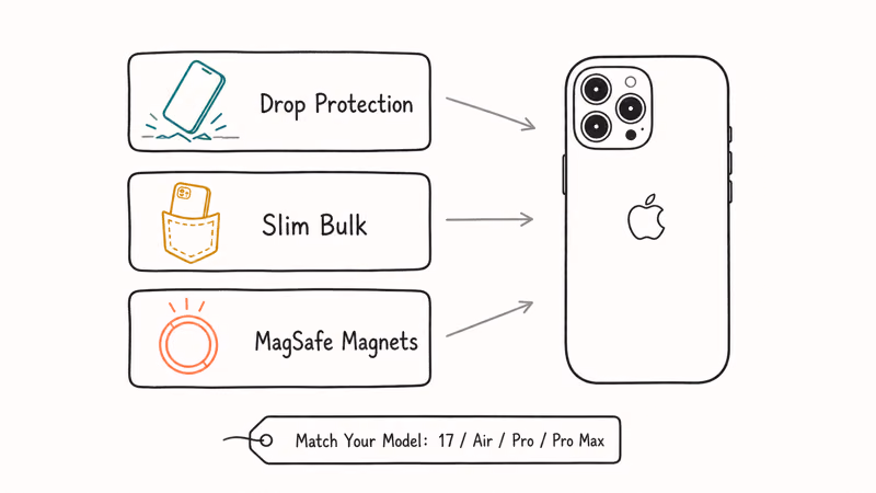 Hand-drawn chart weighing drop protection, slim bulk, and MagSafe magnets for choosing a case