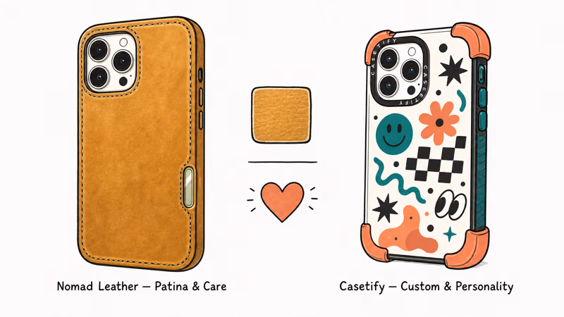 Hand-drawn pairing of Nomad leather case and colorful Casetify designs showing premium iPhone case options
