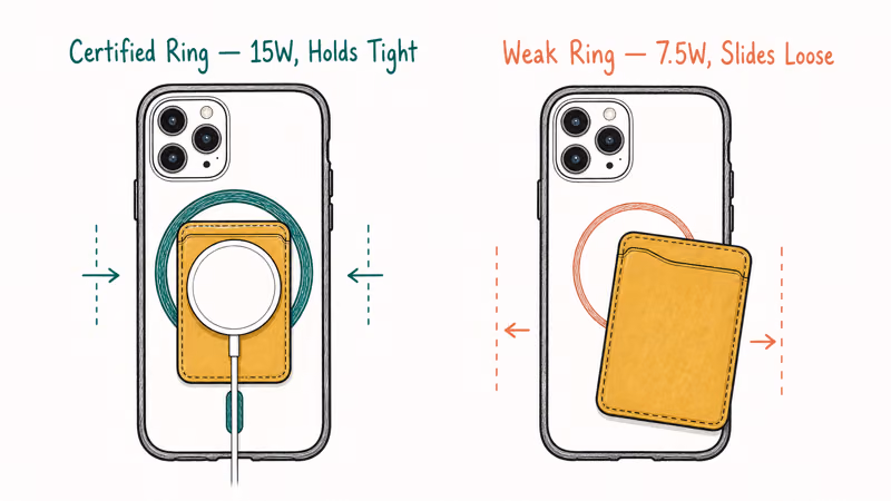 Hand-drawn comparison of strong certified MagSafe magnets holding fifteen watts versus weak rings dropping speed