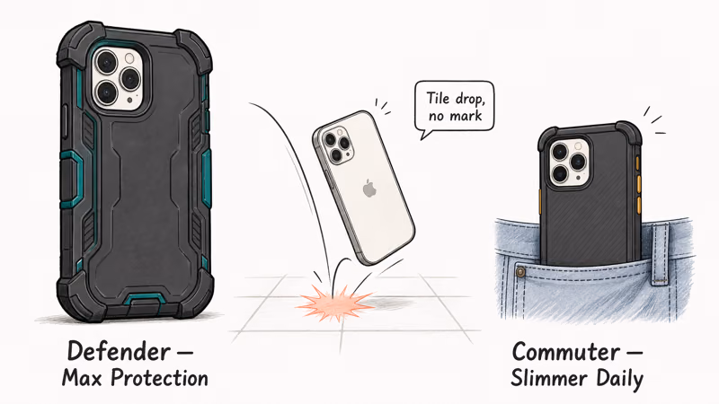 Illustration comparing OtterBox Defender and Commuter rugged cases protecting an iPhone from tile drops