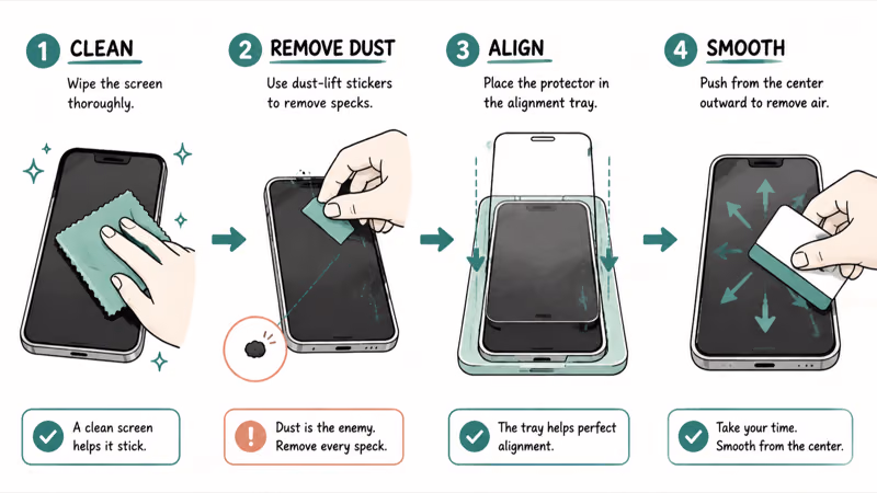 Dust free Pro Max screen protector install steps with tray and center out press