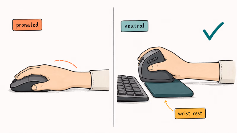 Neutral ergonomic wrist posture compared with strained pronated wrist on a flat combo mouse