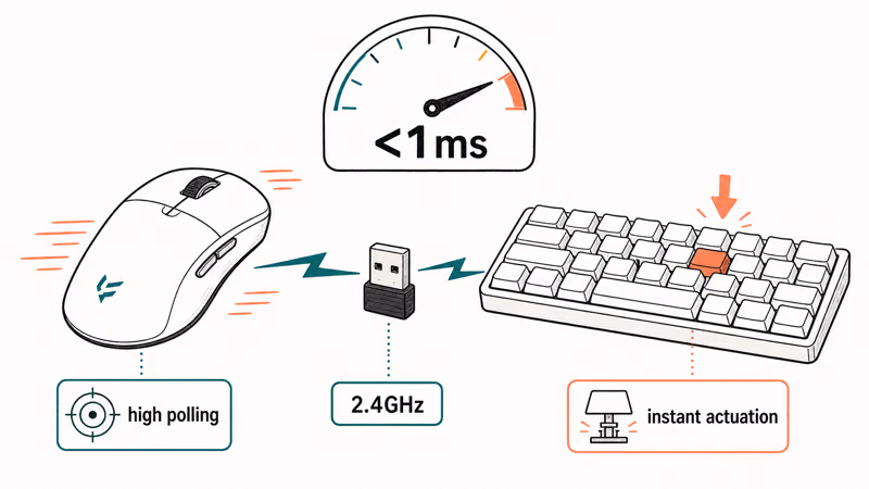 Lightweight gaming mouse and keyboard showing sub-1ms wireless latency on a fast receiver