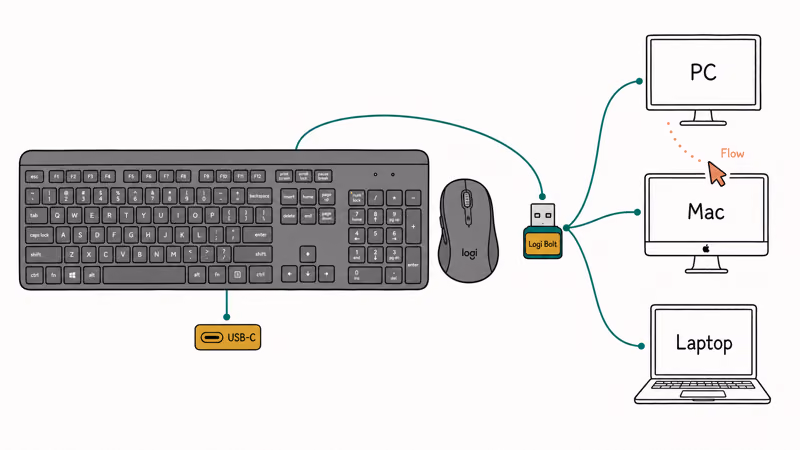 Matched keyboard and mouse linked by one receiver switching across three desktop computers