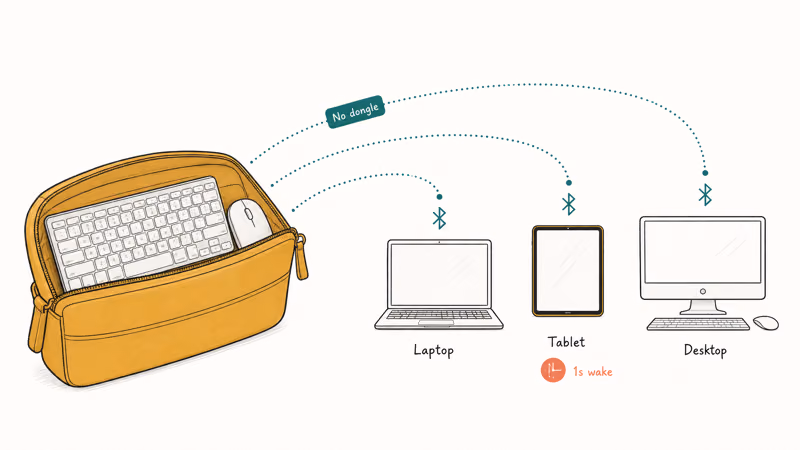 Compact wireless keyboard and mouse roaming between laptop, tablet, and desktop over Bluetooth
