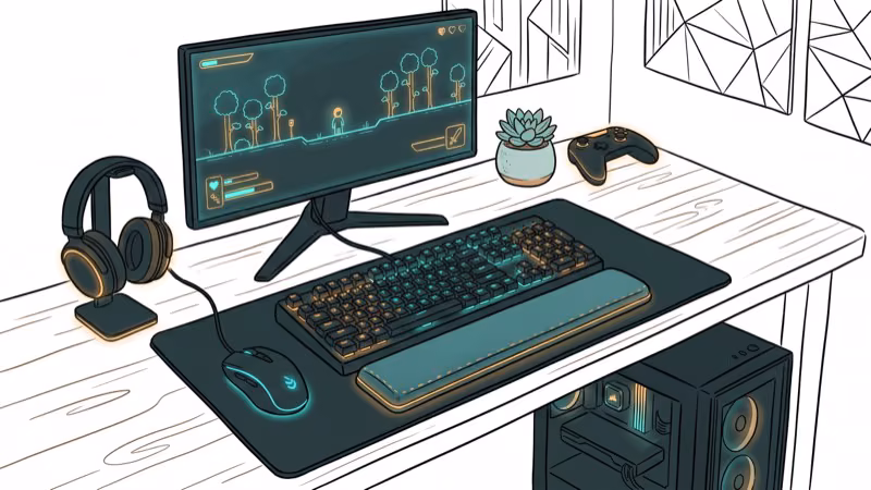 Gaming desk setup with RGB keyboard and matching ergonomic wrist rest