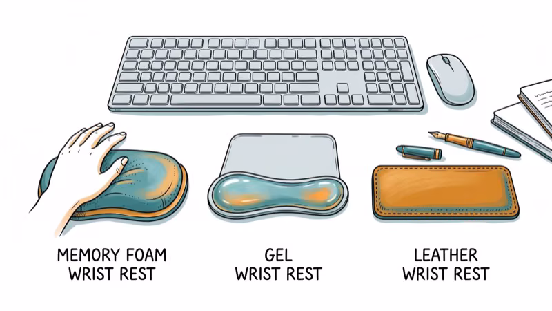 Three wrist rest materials side by side memory foam gel and leather