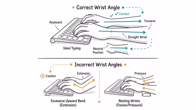 Ergonomic hand position diagram showing correct wrist angle while typing