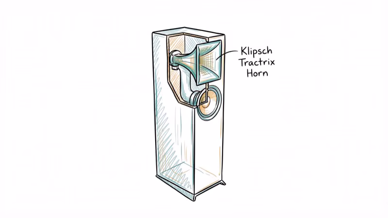 Floorstanding speaker with horn tweeter design showing Klipsch Tractrix technology